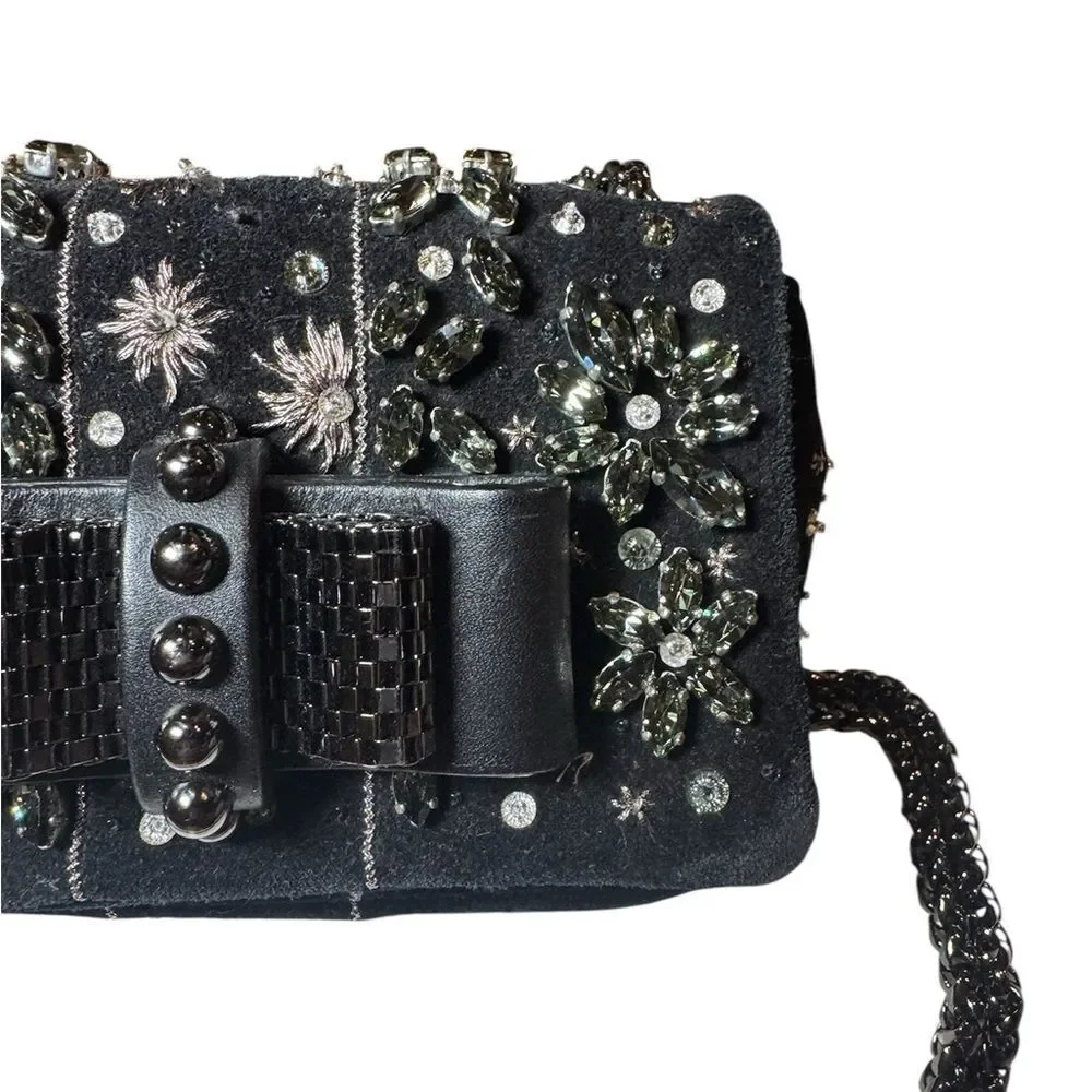 CHRISTIAN LOUBOUTIN Black Suede Sweet Charity Embellished Crossbody Evening Bag